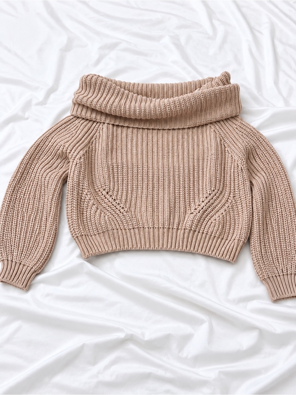 Lulu's Beige Ribbed Off-the-Shoulder Fold-Over Sweater